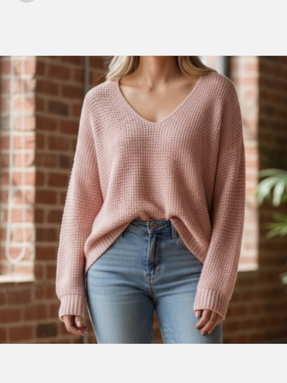 Cozy V-Neck Waffle Knit Sweater - Blush Pink